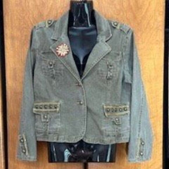 Military Style Green Cotton Denim Jacket Embellished With Gold Sz XL - Picture 1 of 7